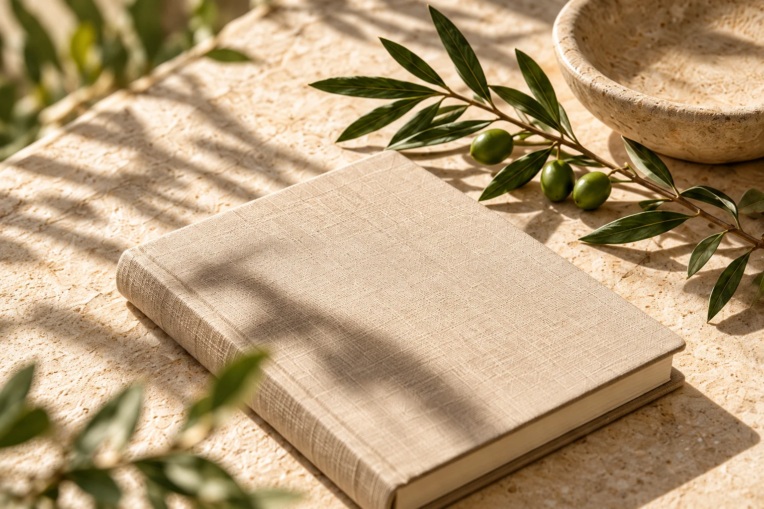 A linen notebook and olive branches on sunlit limestone